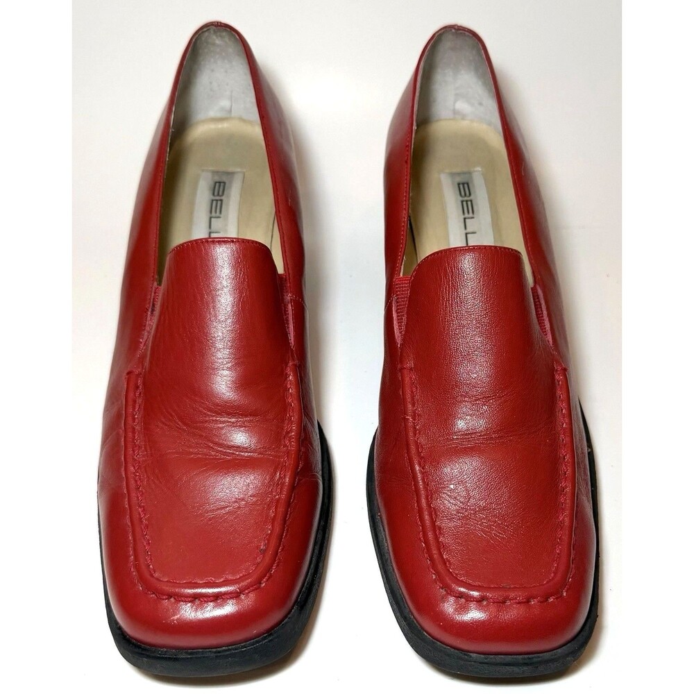 Bellini Red Leather Loafers Womens 9M Slip On Block Heel Square Toe Comfort